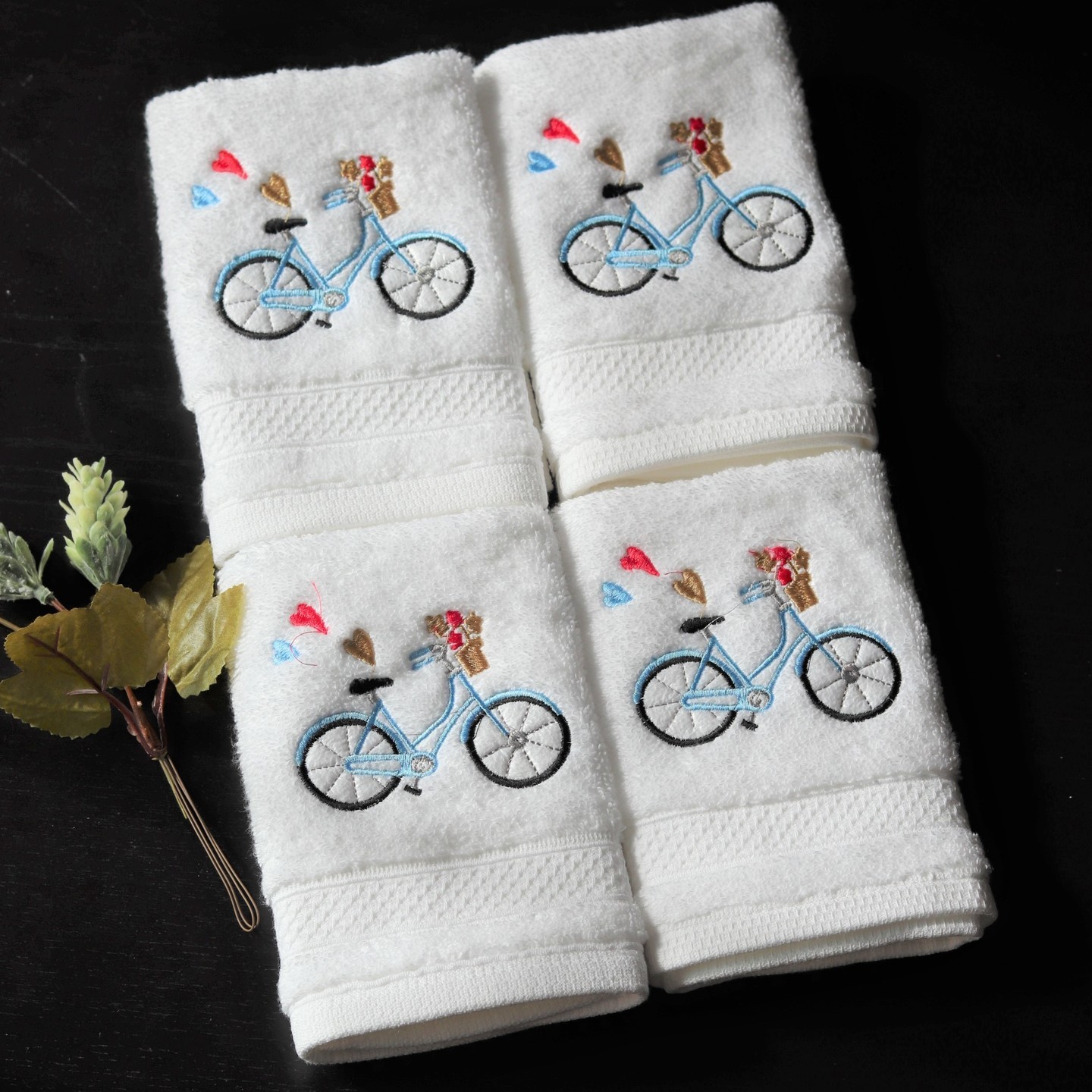 Bicycle Embroidered Face Towel - Set of 4