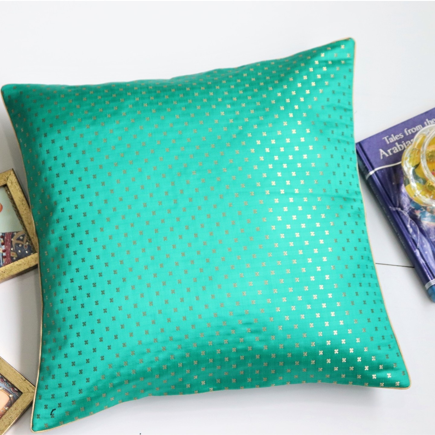 Bottle Green Silk Brocade 40cmsx40cms Cushion Cover