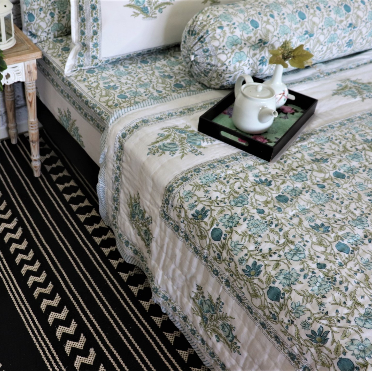 800TC Blue Garden Super Single Fitted Sheet Set