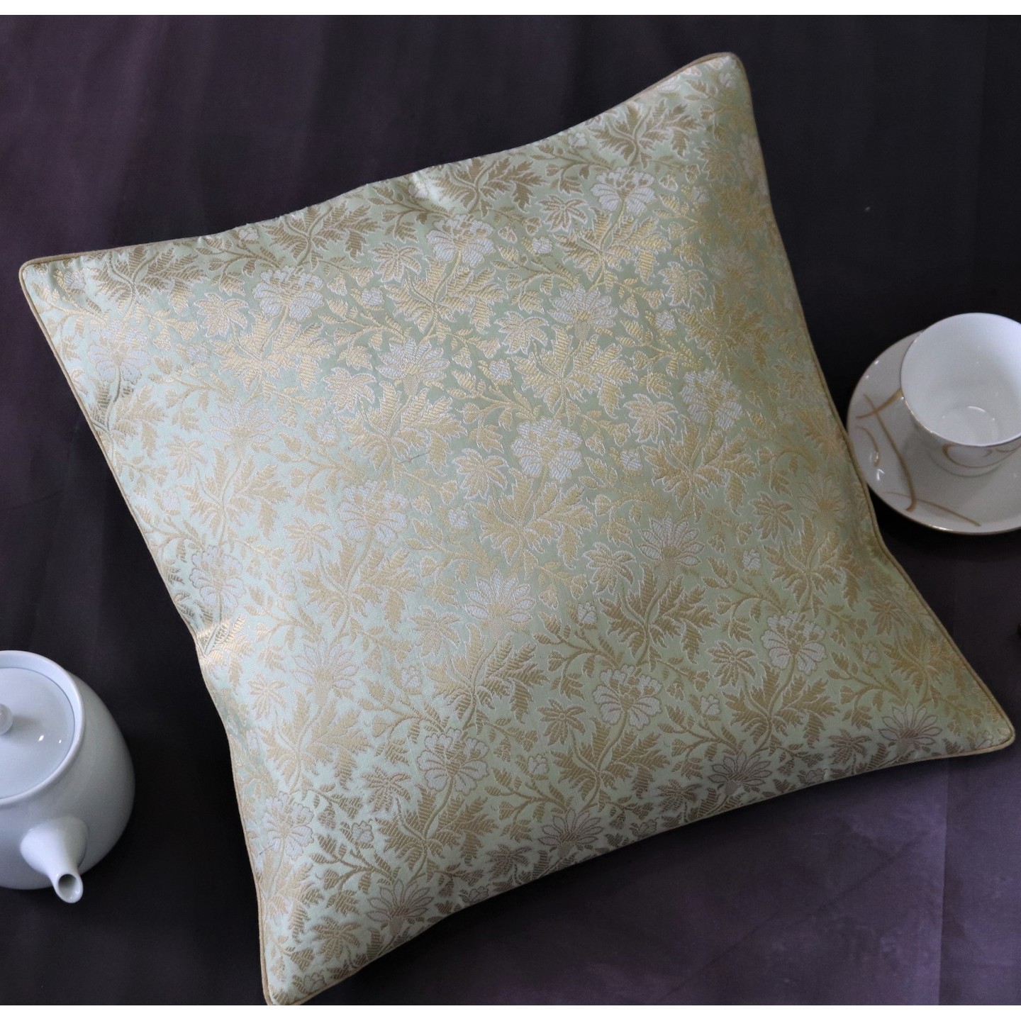 Pista Green Silk Brocade 50cmsx50cms Cushion Cover