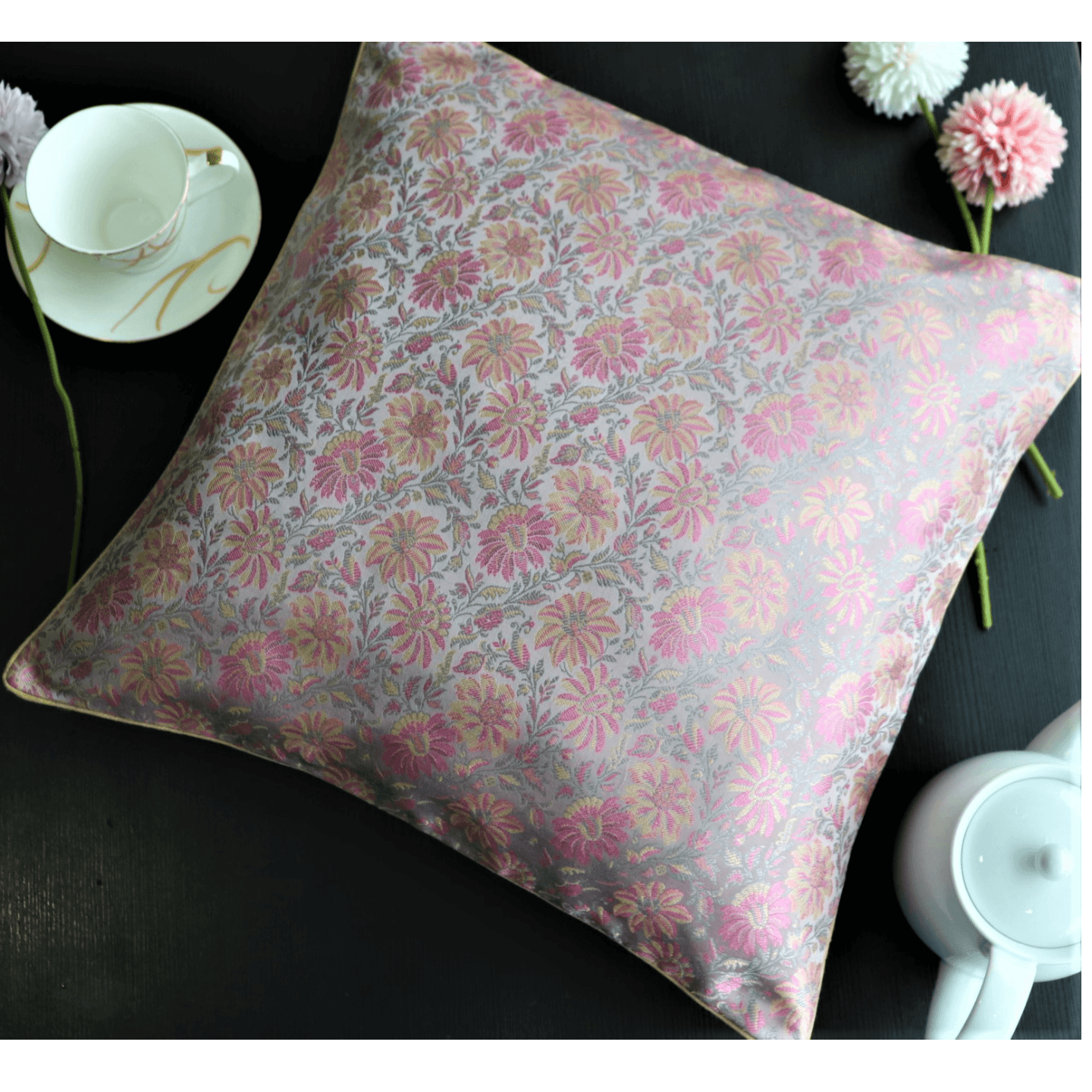 Grey and Pink Silk Brocade 40cmsx40cms Cushion Cover