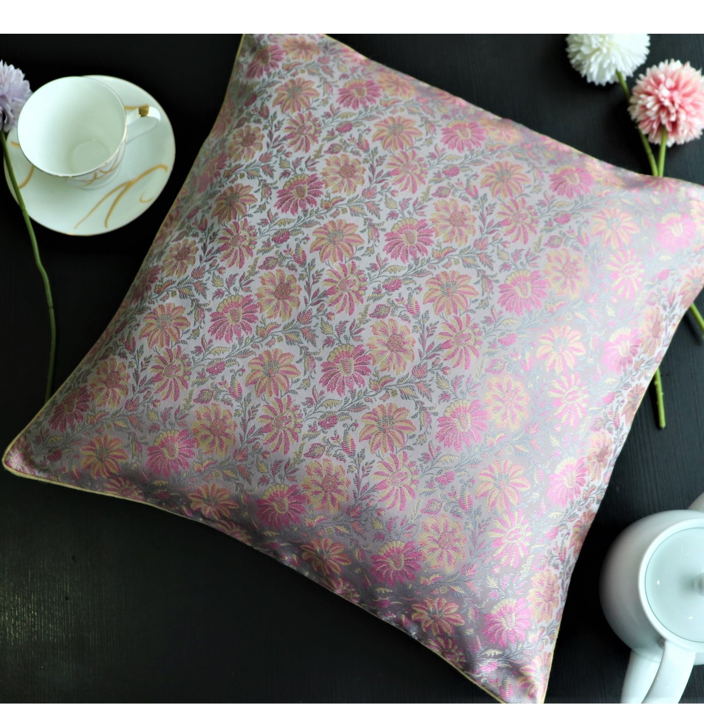 Grey and Pink Silk Brocade 50cmsx50cms Cushion Cover