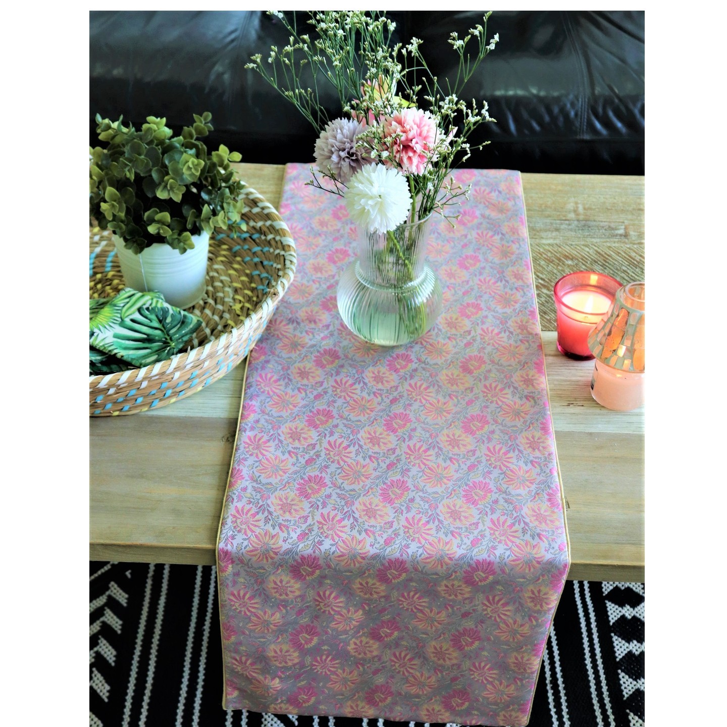 Grey and Pink Silk Brocade Coffee Table Runner