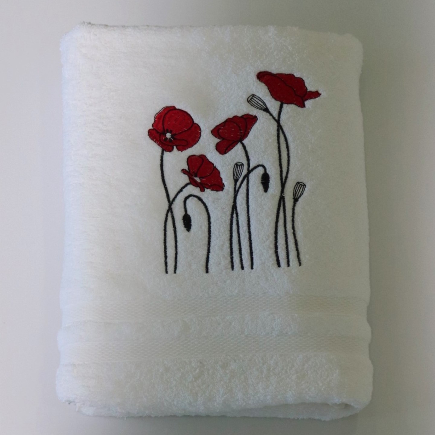 Poppy Flower Embroidered Bath Towel