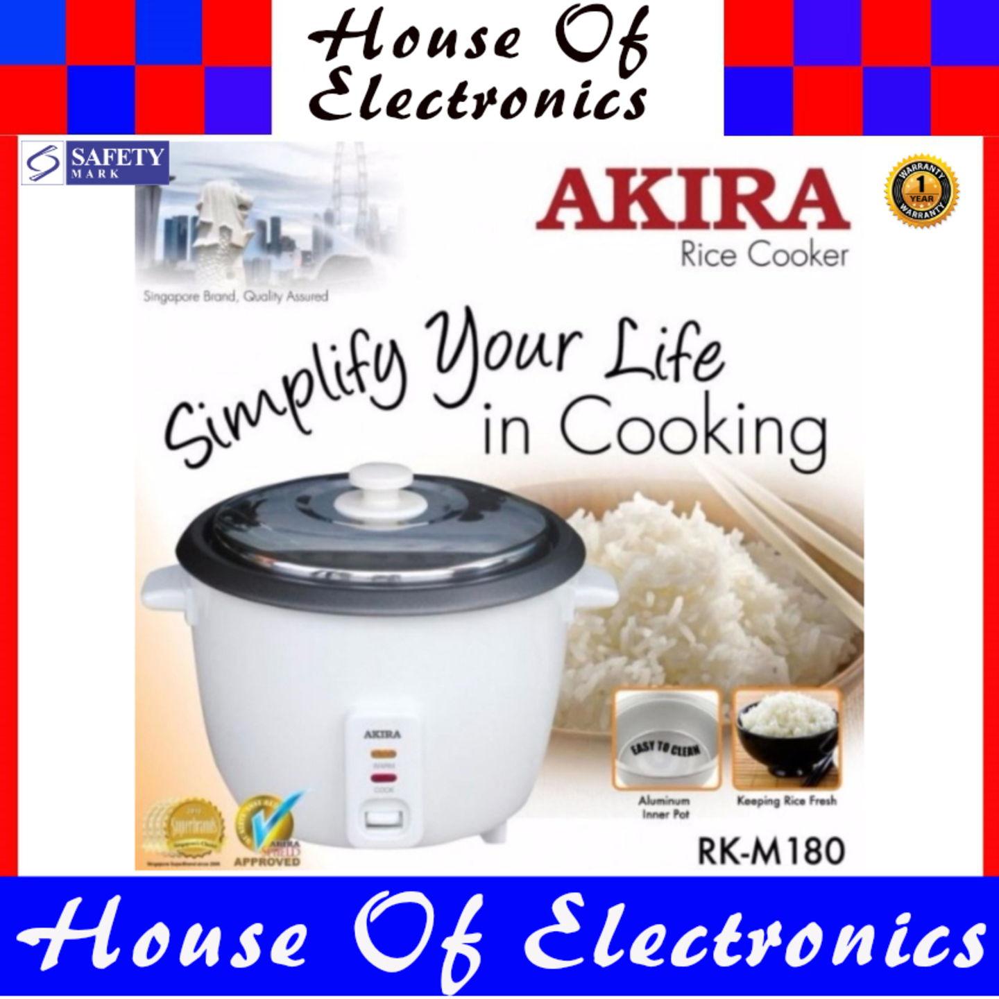 Akira Model :RK M180 Rice Cooker 1.8 L .with Aluminium Inner Pot .PSB Safety Mark Approved .1 Year Warranty.