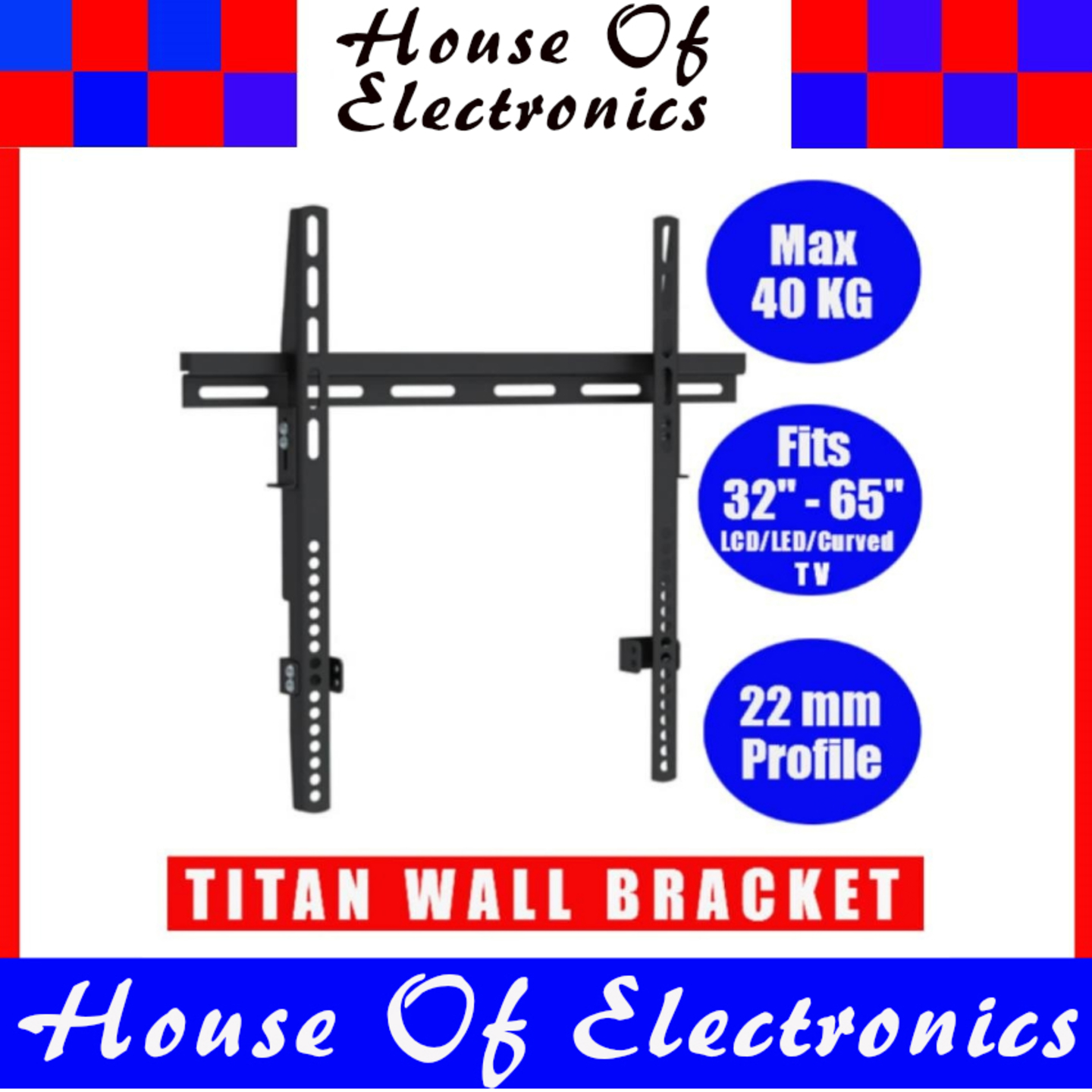 Titan SGB 400 TV Wall Bracket. Fits 32" - 65". Supports up to 40 kg. Slim Profile of 22 mm. Flat Fixed Type.