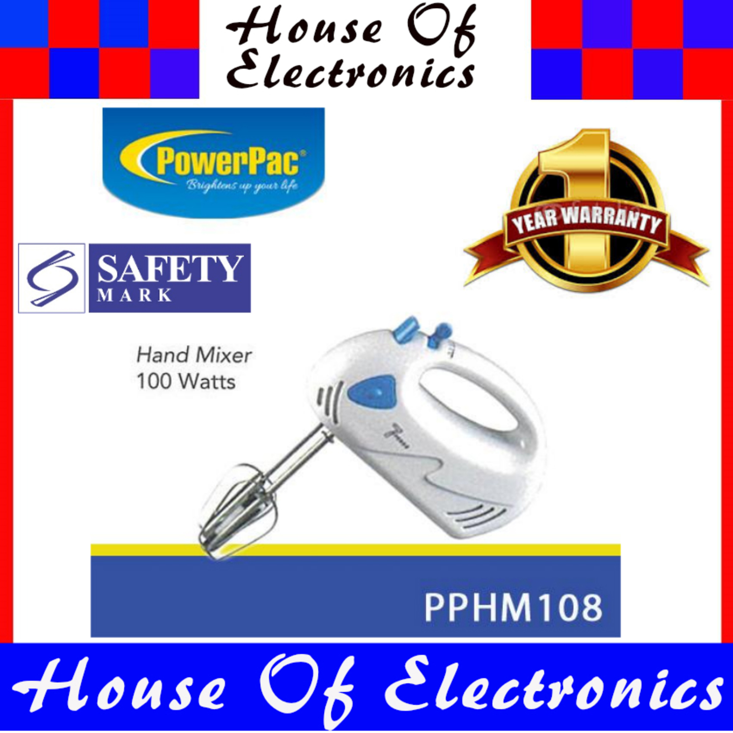 Powerpac 5 SPEED hand mixer PPHM108 (BLUE/PINK). Safety Mark Approved. 1 Year Warranty.