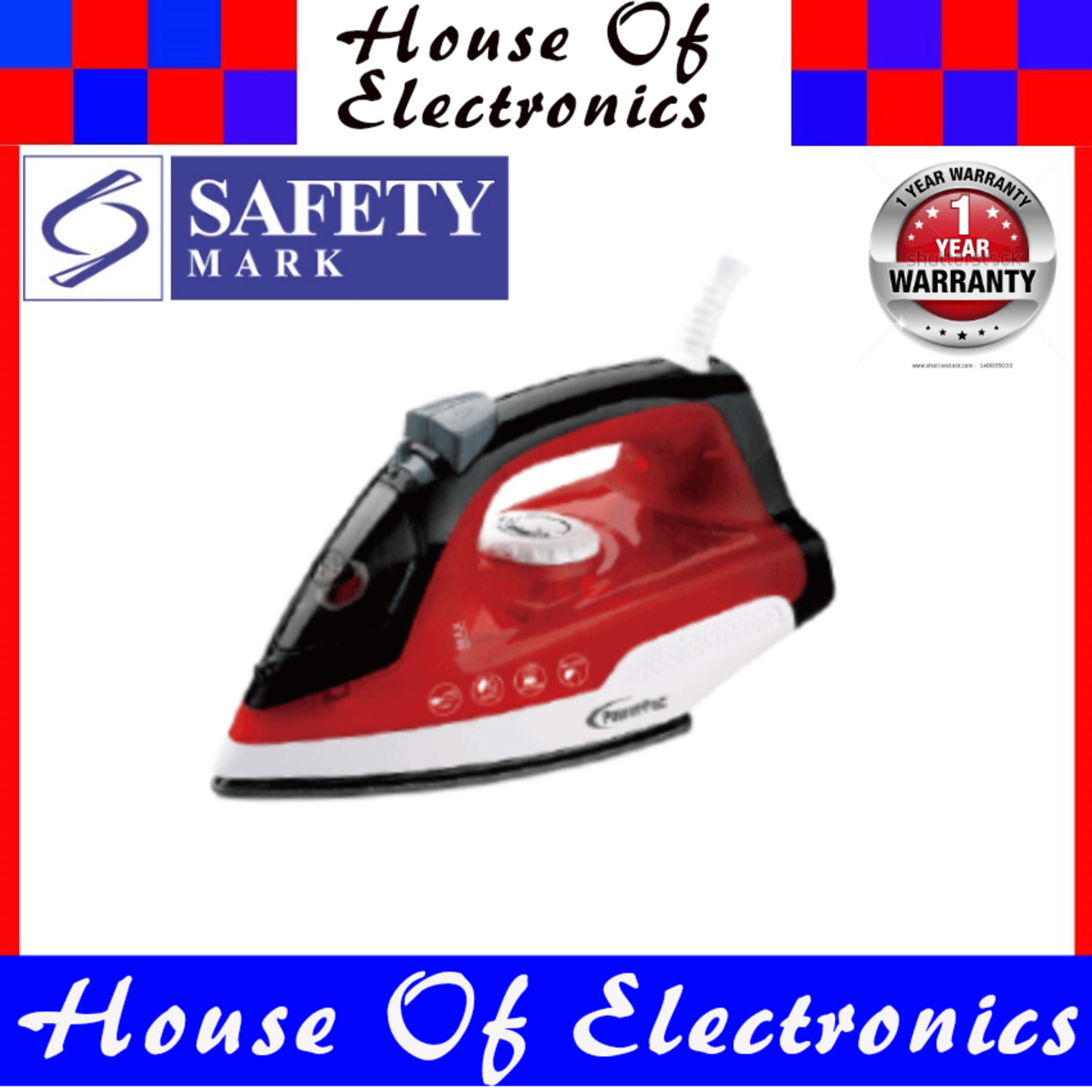 Powerpac PPIN1400 Pro Steam Iron with Non-Stick Soleplate. 1 Year Warranty