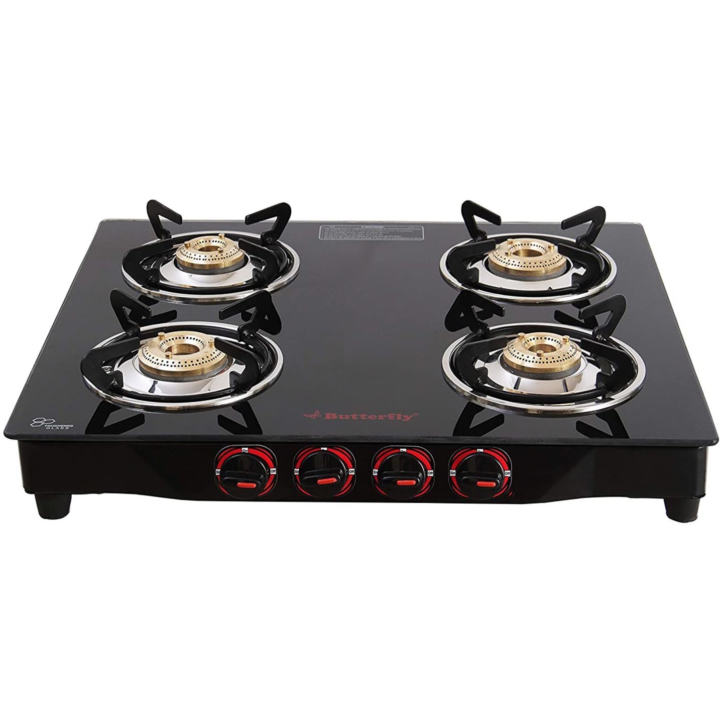 Butterfly Smart Glass top 4 Burner Gas Stove, Black qudra 3 ltrs cooker free