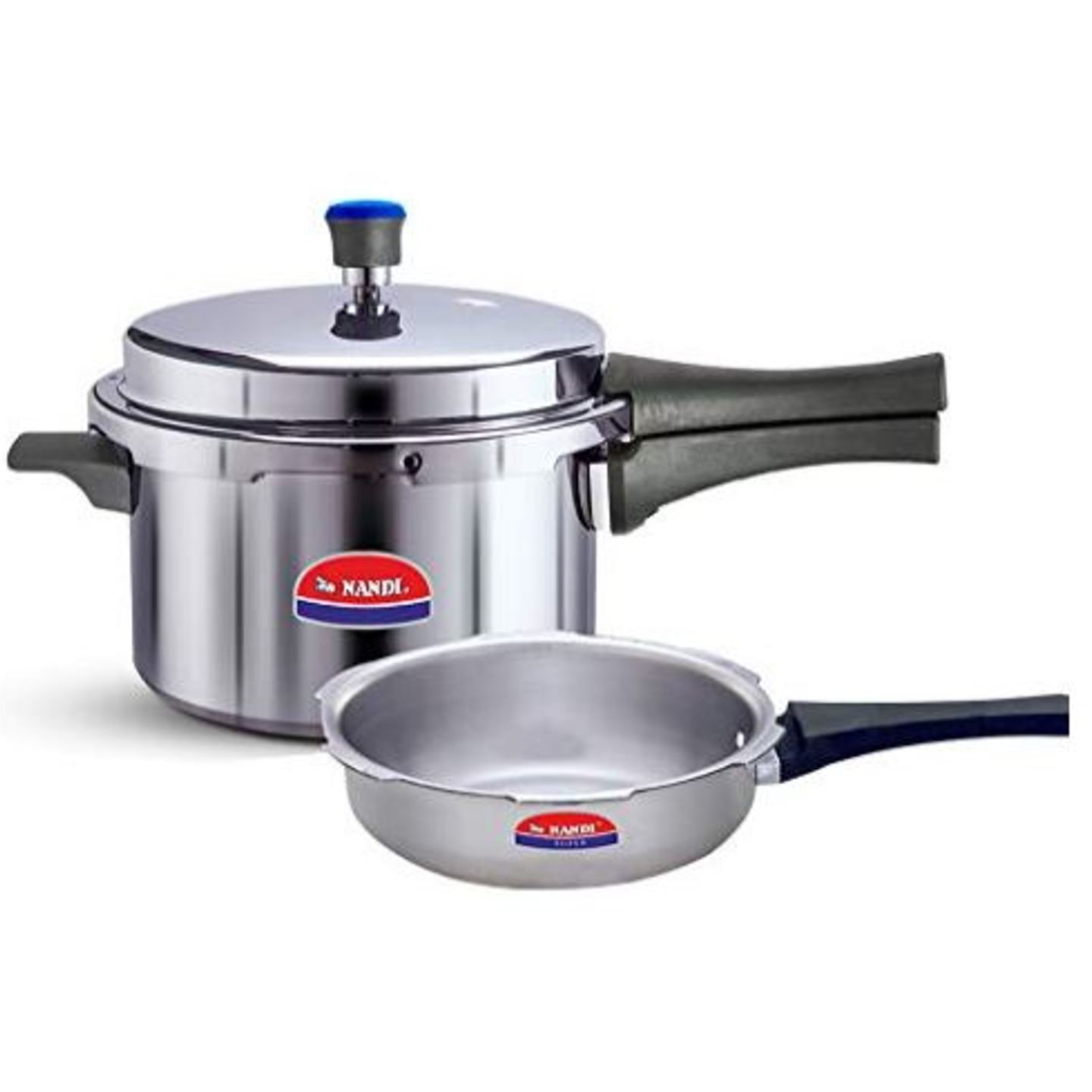 Nandi Outer Lid Aluminium Pressure Cooker and Pan Combo, 5 L + 2.3 L, Silver