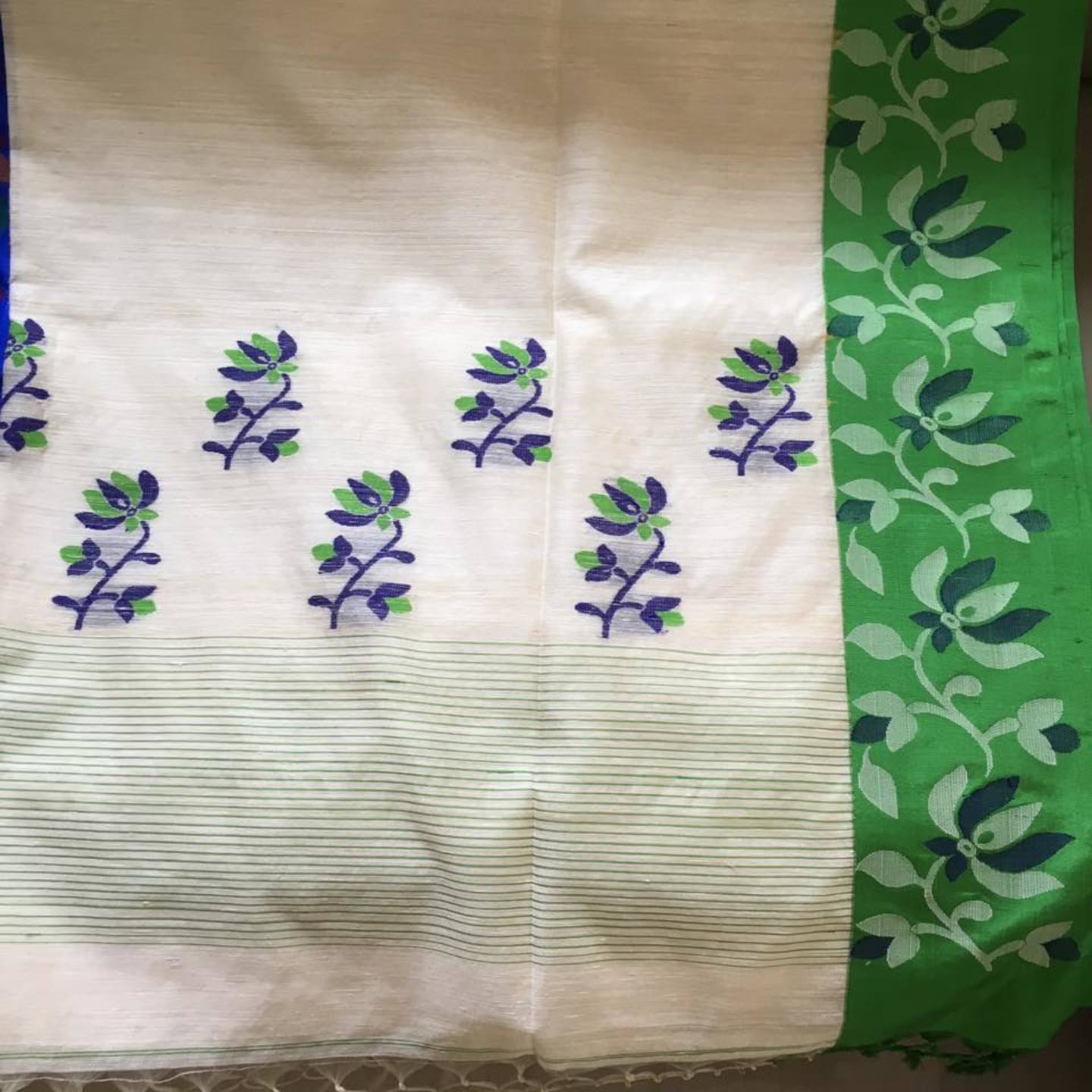 Off White Matka Silk with Green Jamdani Border