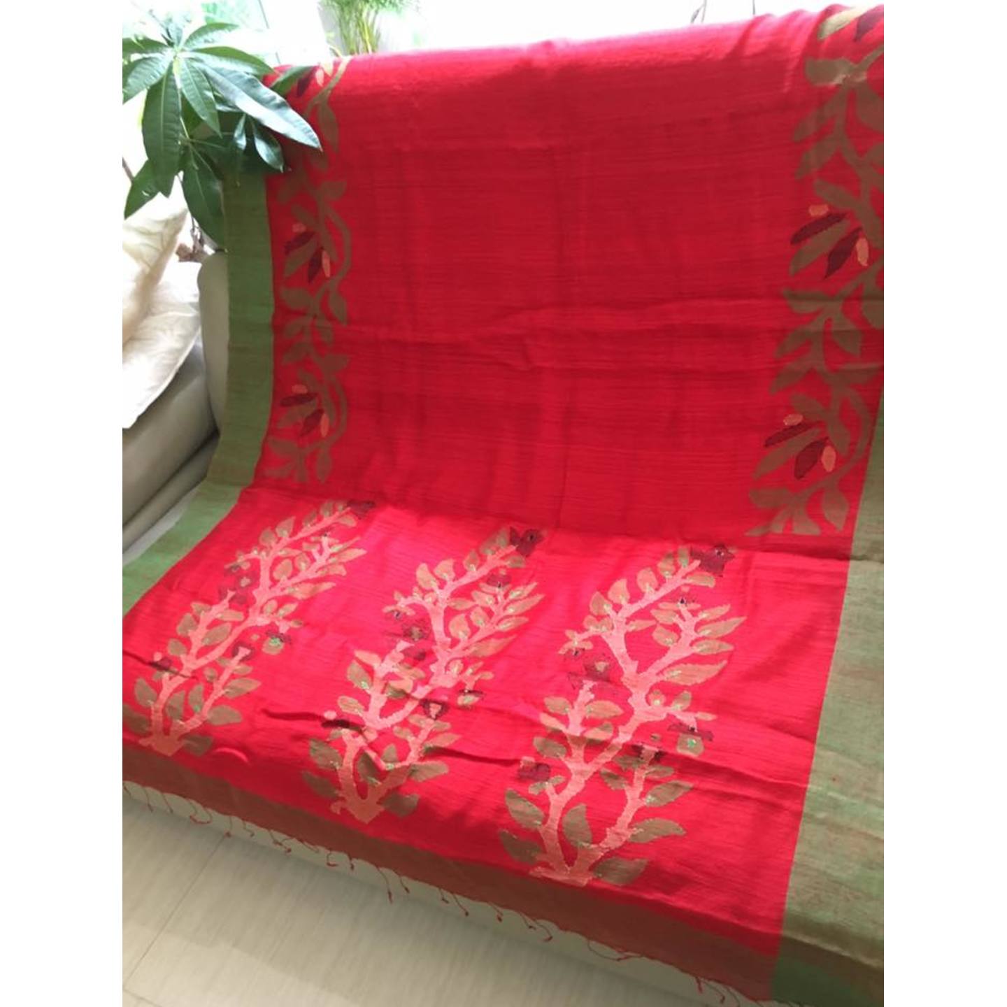 Red Matka Silk with Green Jamdani Border