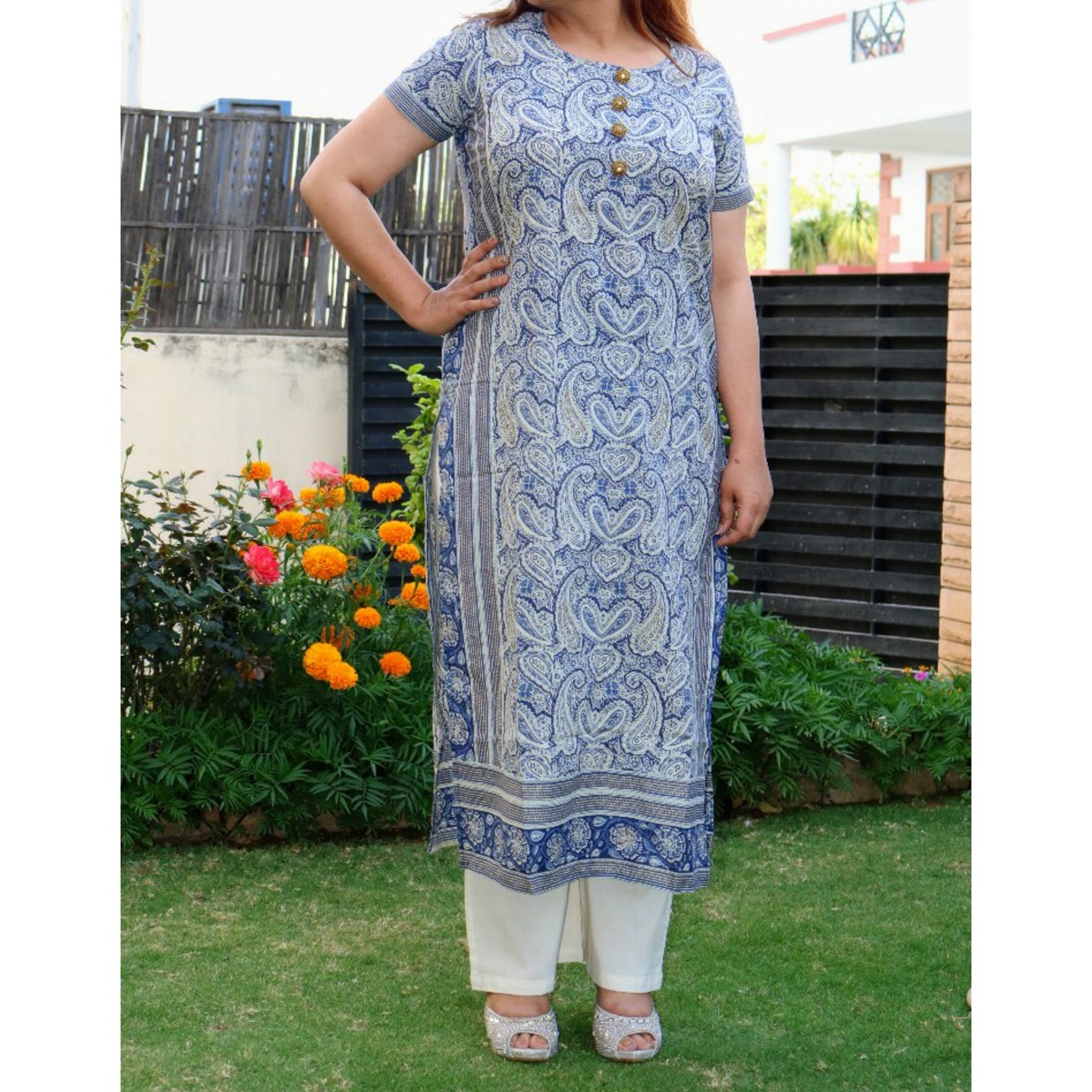 Blue Cotton Printed Kurti Pant 