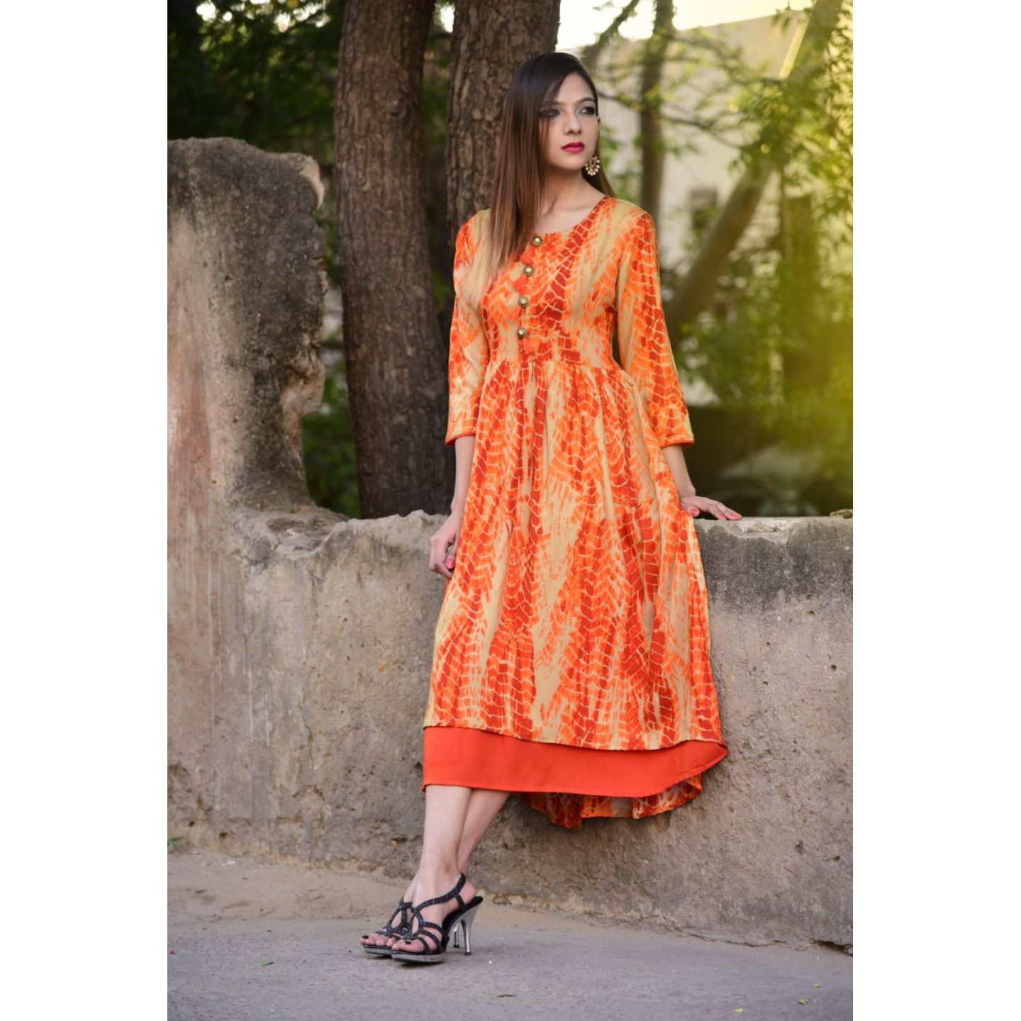 Orange rayon printed dress