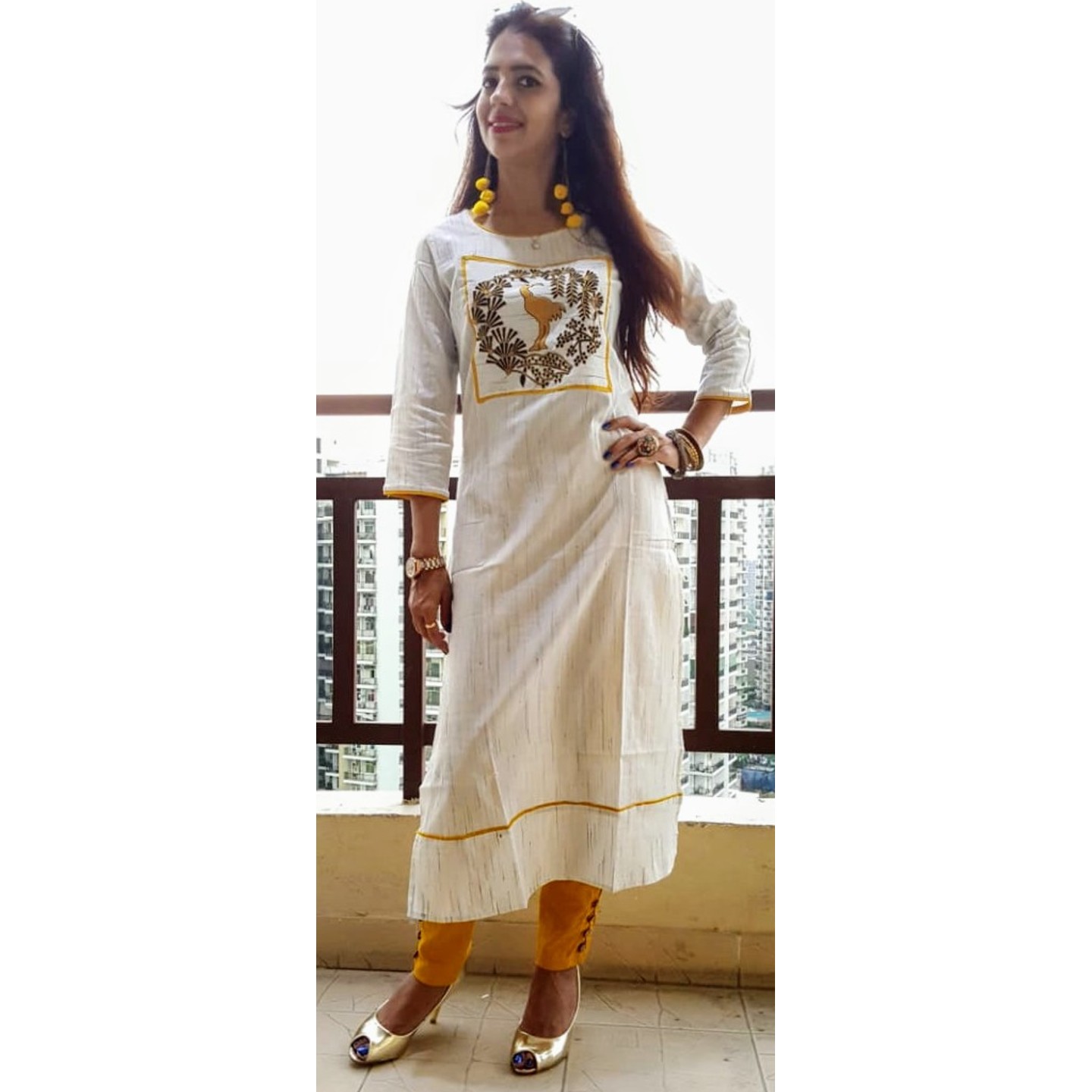 Cotton yellow embroidered kurti