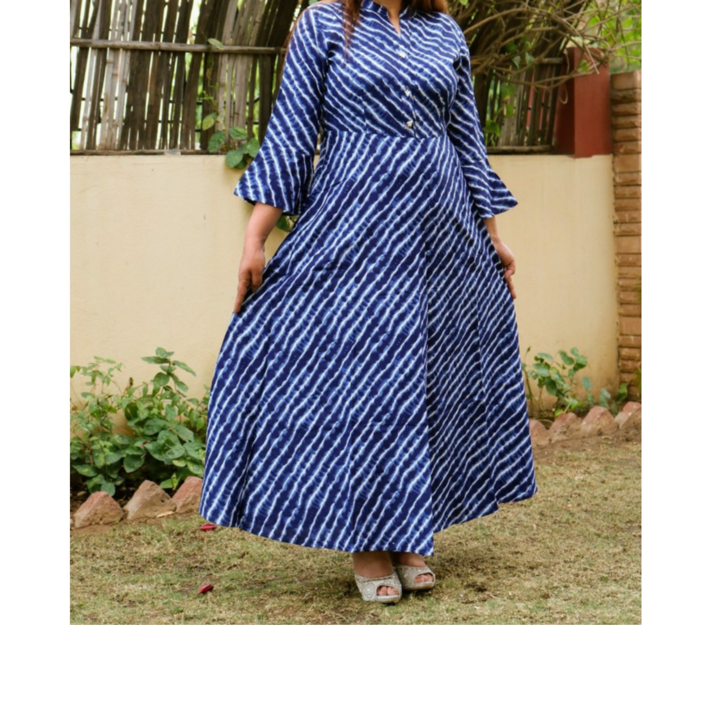 Blue Cotton Printed Long Dress 