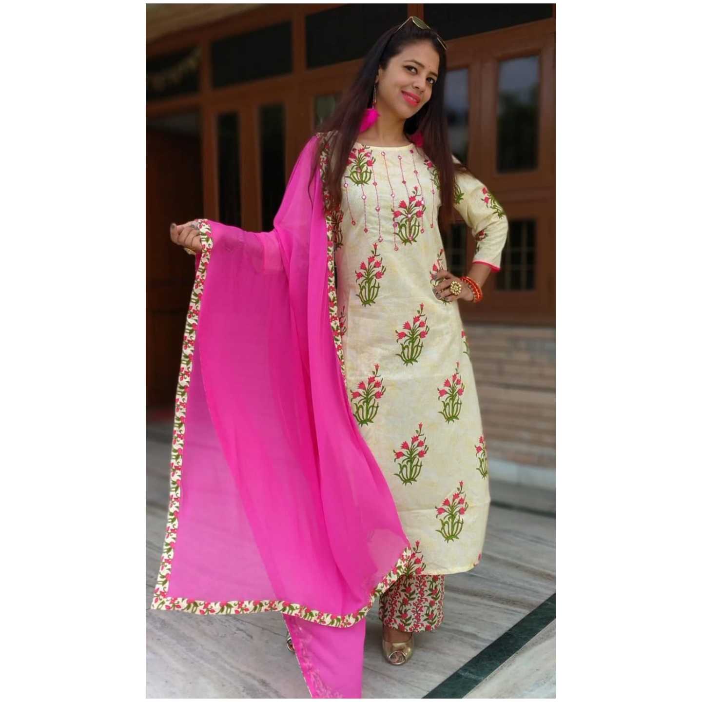 Cotton Printed Kurti Pant With Dupatta