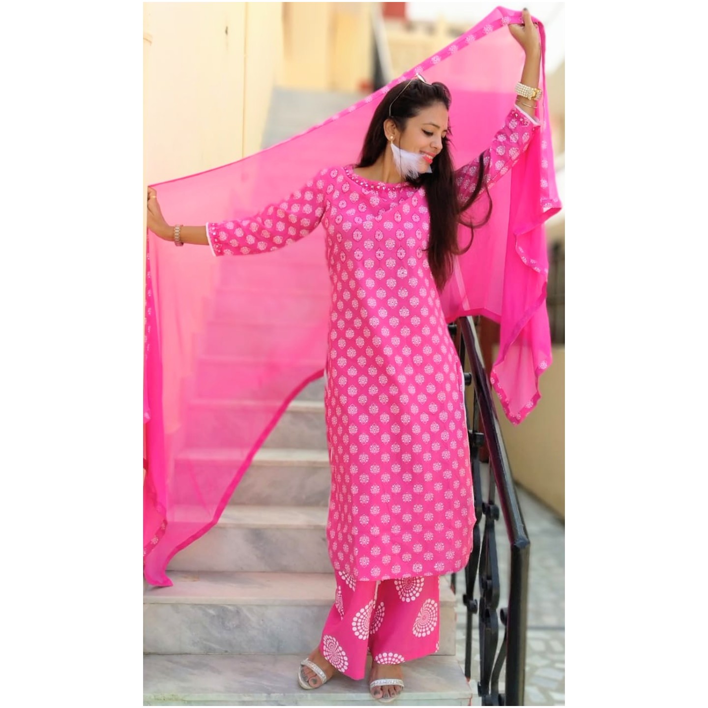 Pink kurti pant with  dupatta