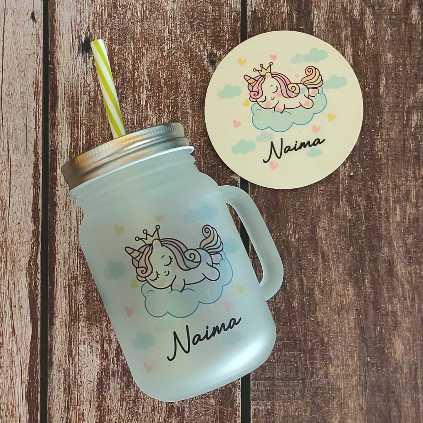 Personalized Mason Jar with Coaster - Dreamy Unicorn