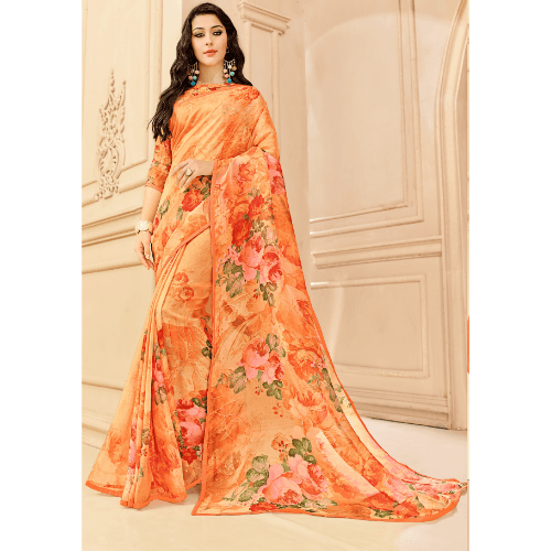 Indian Printed Georgette Beautiful Casula Wear Saree with Light Orange Color