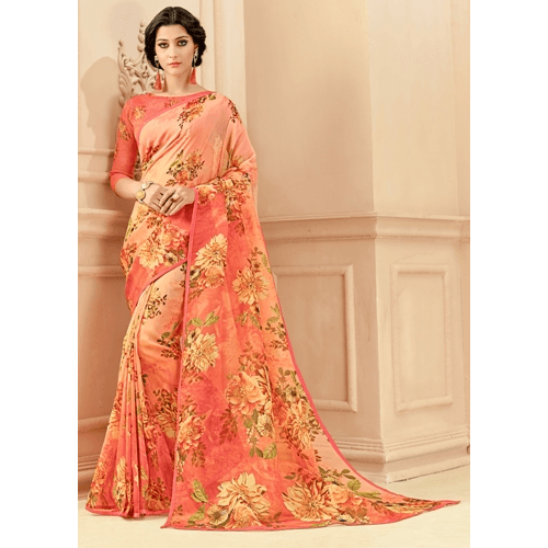 Indian Printed Georgette Beautiful Casula Wear Saree with Peach Color