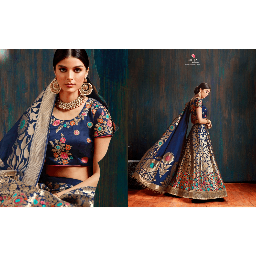 Pure Banarasi Silk Lehenga  With Embroidery Heavy Border & Latkan + Navy Blue
