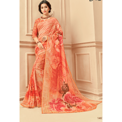 Indian Printed Georgette Beautiful Casula Wear Saree with Light Orange Color
