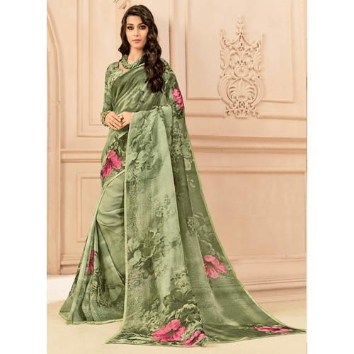 Indian Printed Georgette Beautiful Casula Wear Saree with Khaki Green Color