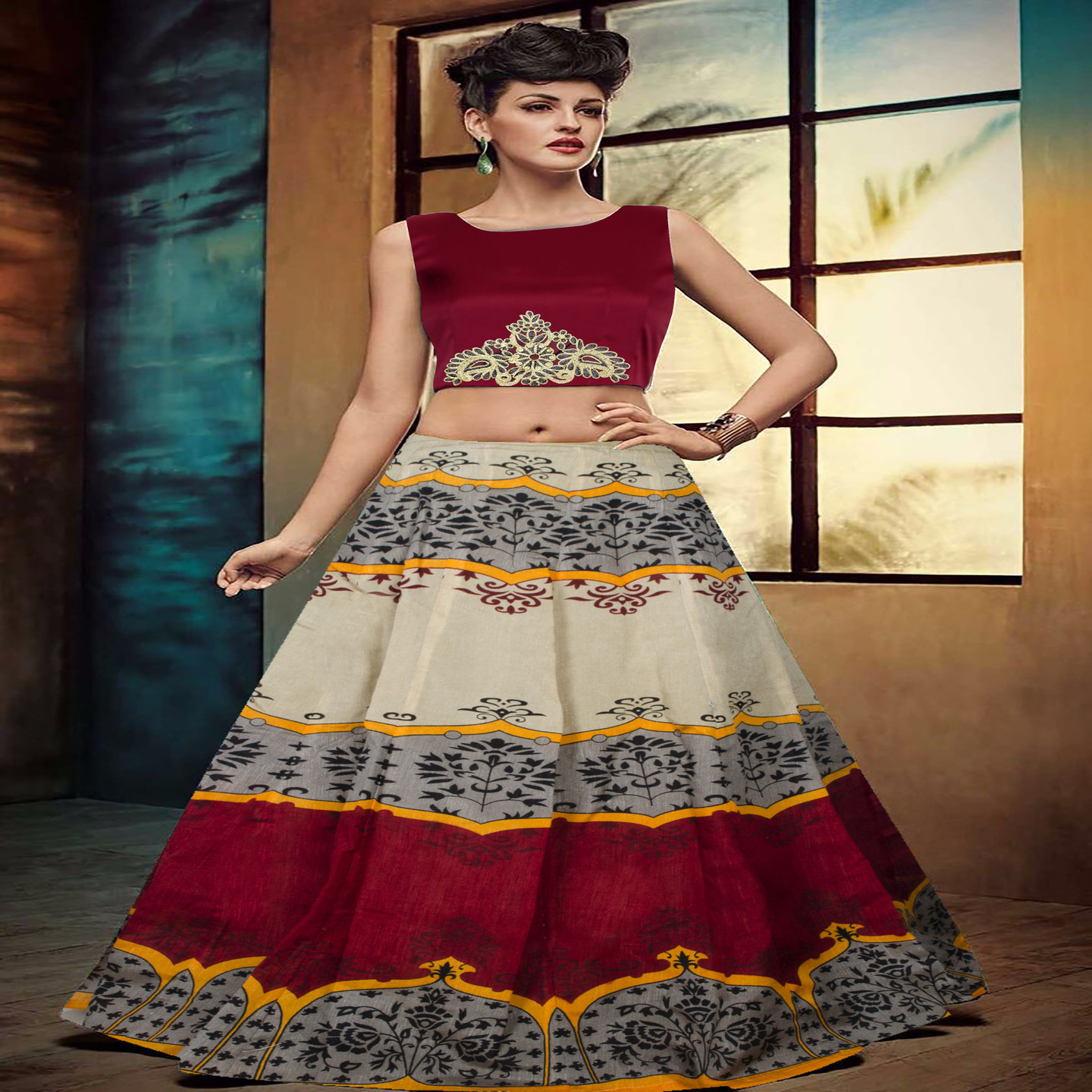 Kartiklifestyle Designer Lehengas Fabric Taffeta and Banglori Silk Semi Stitch