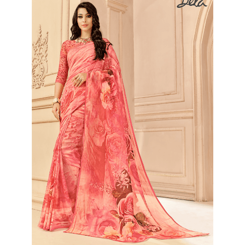 Indian Printed Georgette Beautiful Casula Wear Saree with Pink Color