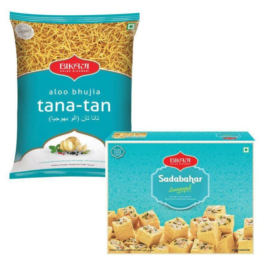 Bikaji Foods Tana Tan Aloo Bhujia 400gms and Sadabahar Desi Ghee Soan Papdi 450gm Combo
