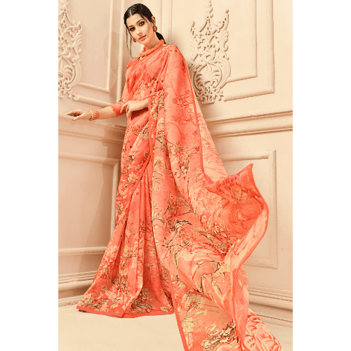 Indian Printed Georgette Beautiful Casula Wear Saree with Peach Color