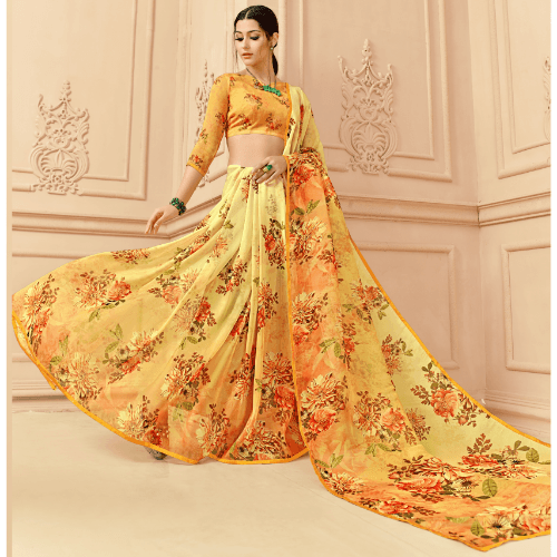 Indian Printed Georgette Beautiful Casula Wear Saree with Smooth Yellow Color