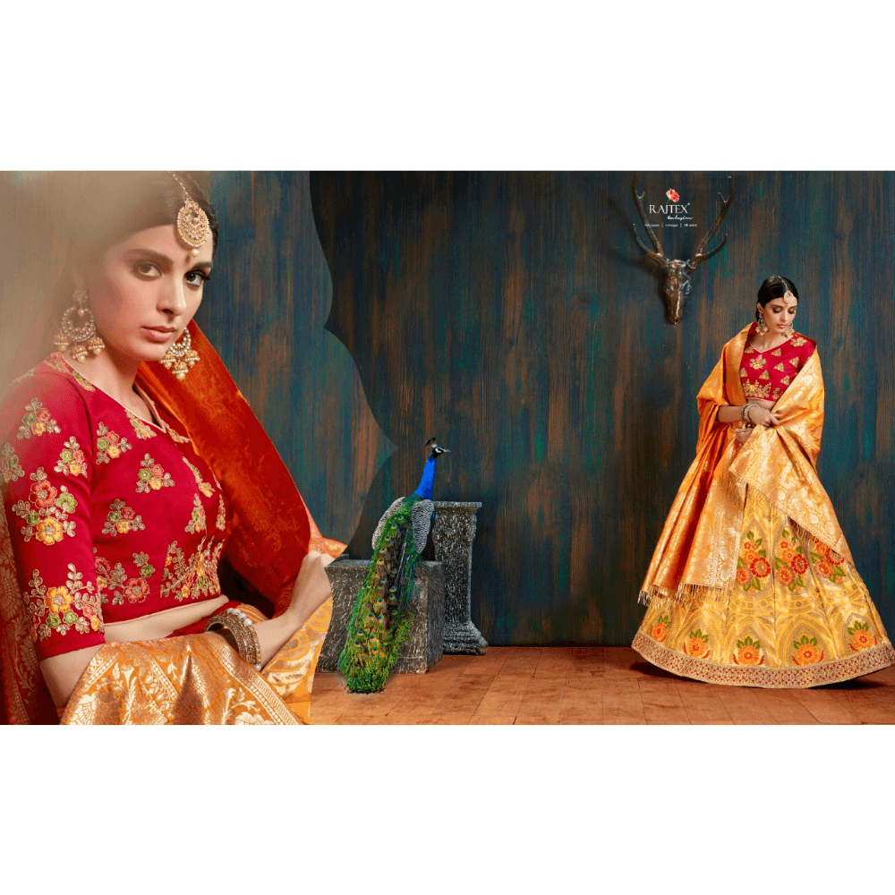 Pure Banarasi Silk Lehenga  With Embroidery Heavy Border & Latkan + Yellow