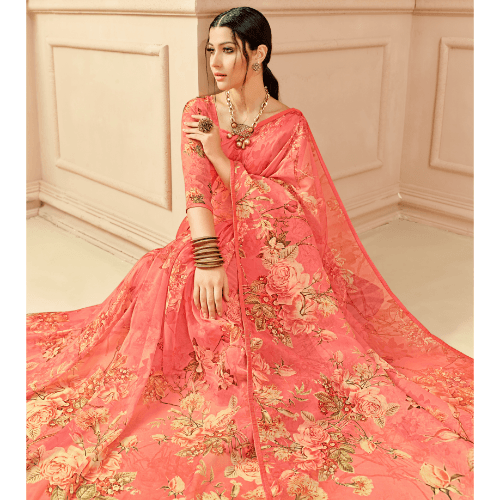 Indian Printed Georgette Beautiful Casula Wear Saree with Matt Pink Color