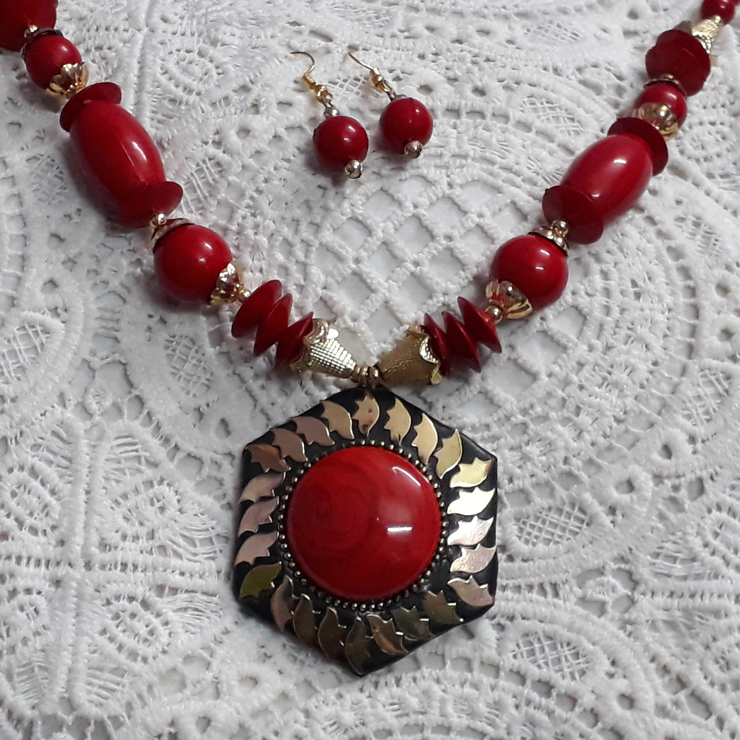 Tibetan Style Turqoise  Red Big Star Pendant Necklace Earrings Set 