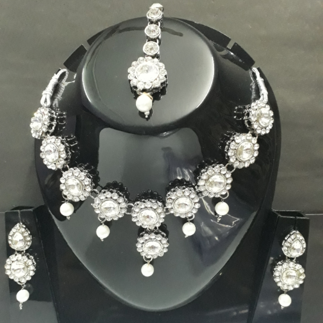 Pearl Festive Imperial Cz Crystal Diamonds Necklace With Earrings and mang tika For Women