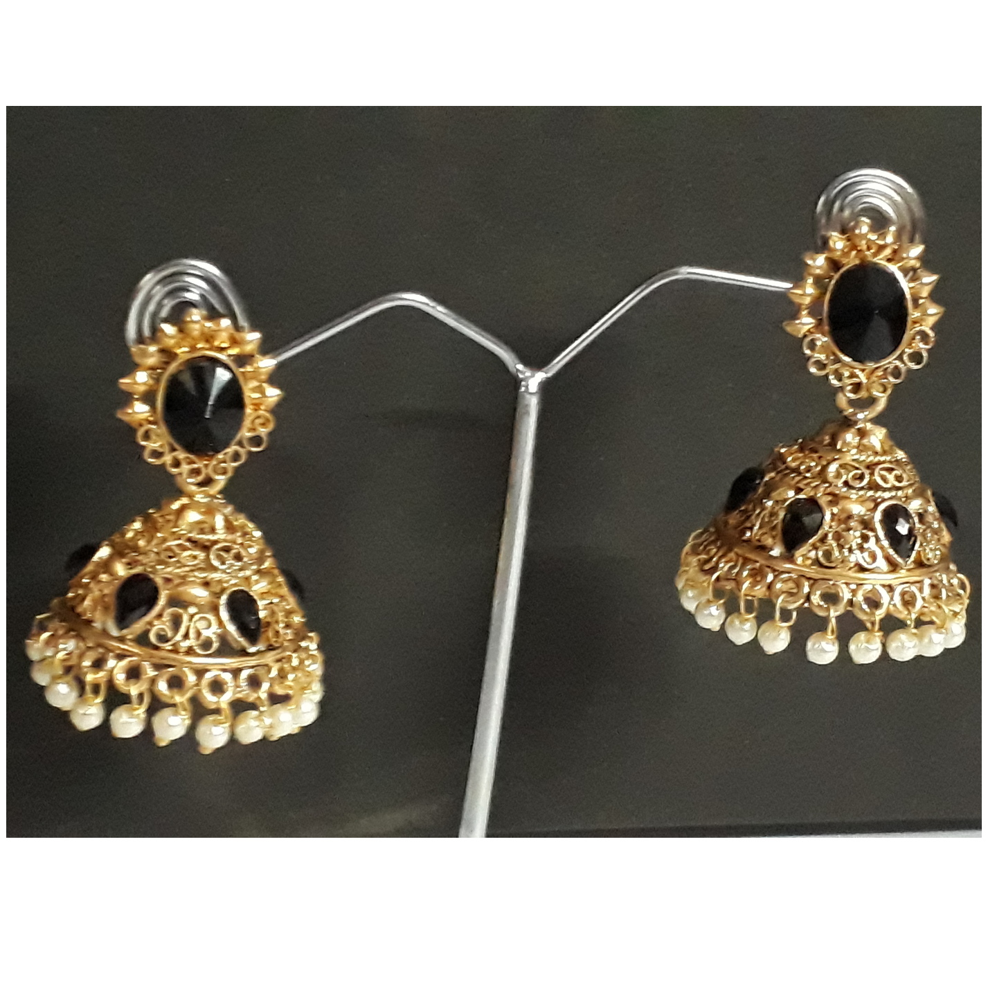 Golden Jhumka  Black Stones with White Pearls