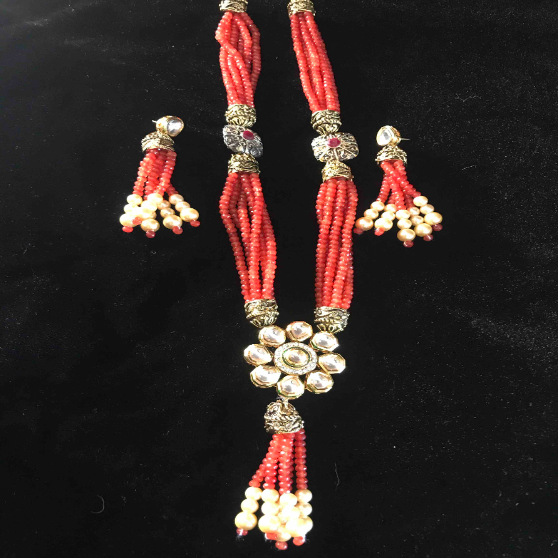 kundan multistrand beads necklace with earrings 