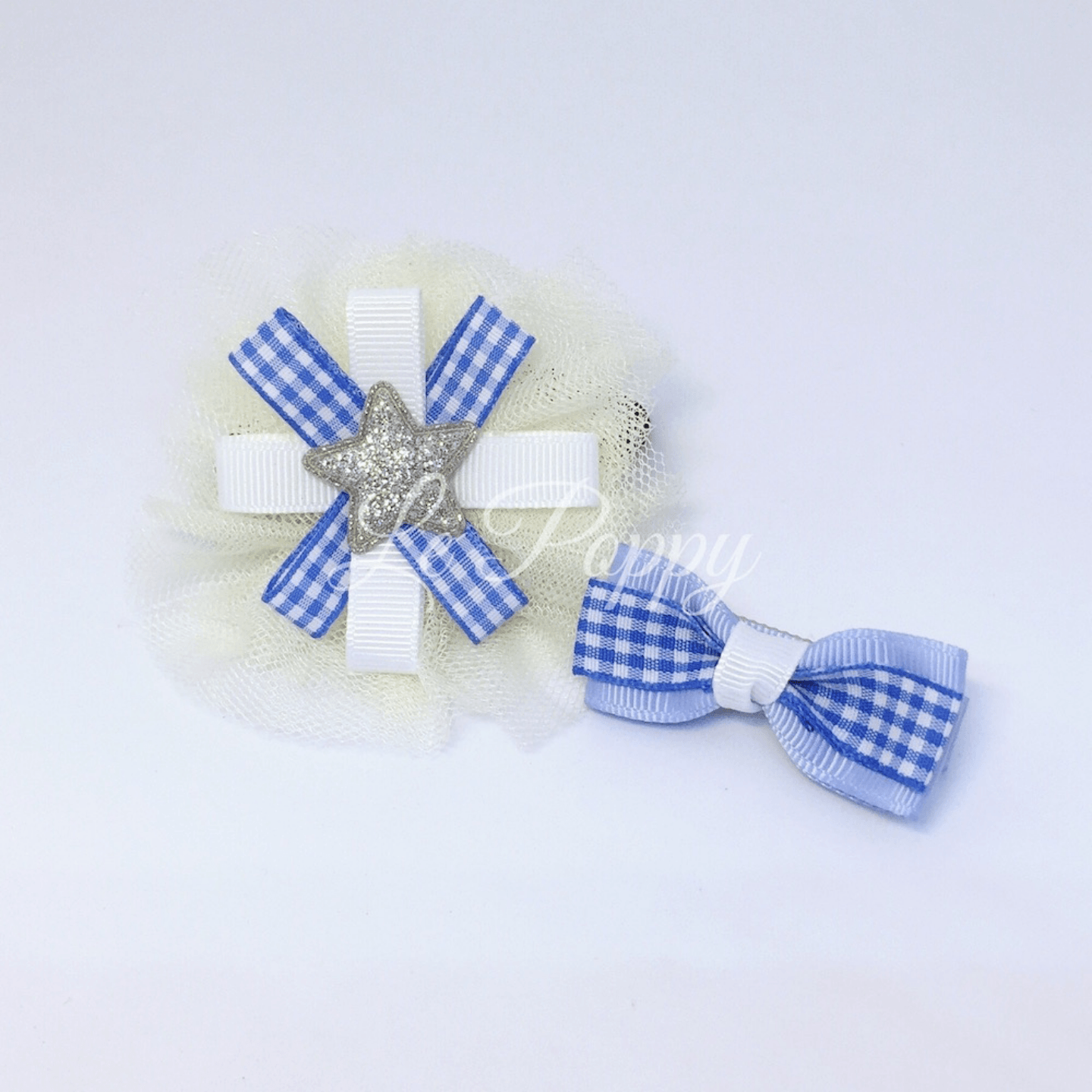 Blue Pinwheel on Tulle with Matching Checkered Bow 