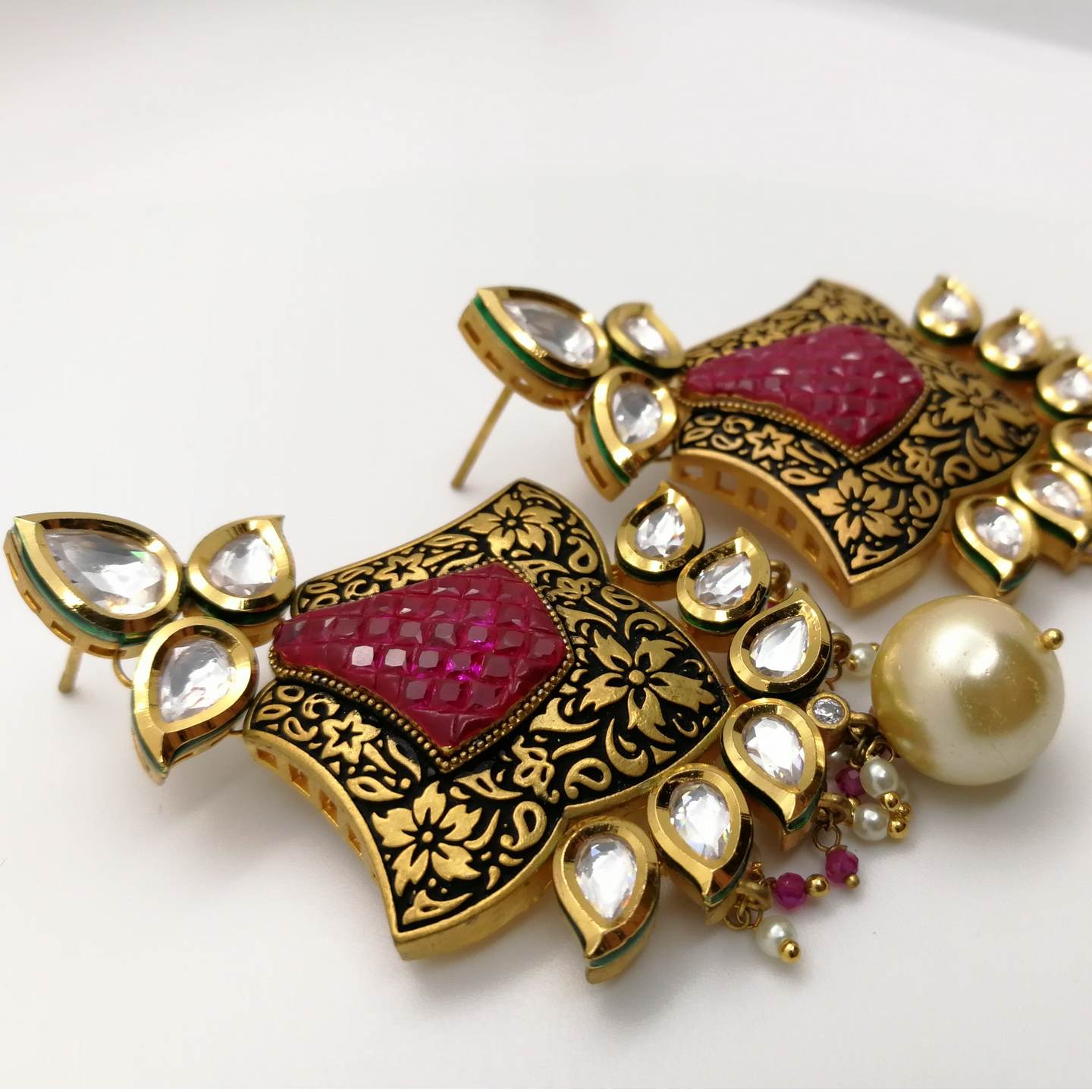 Pure Kundan Ruby Red Stone Cut Earrings