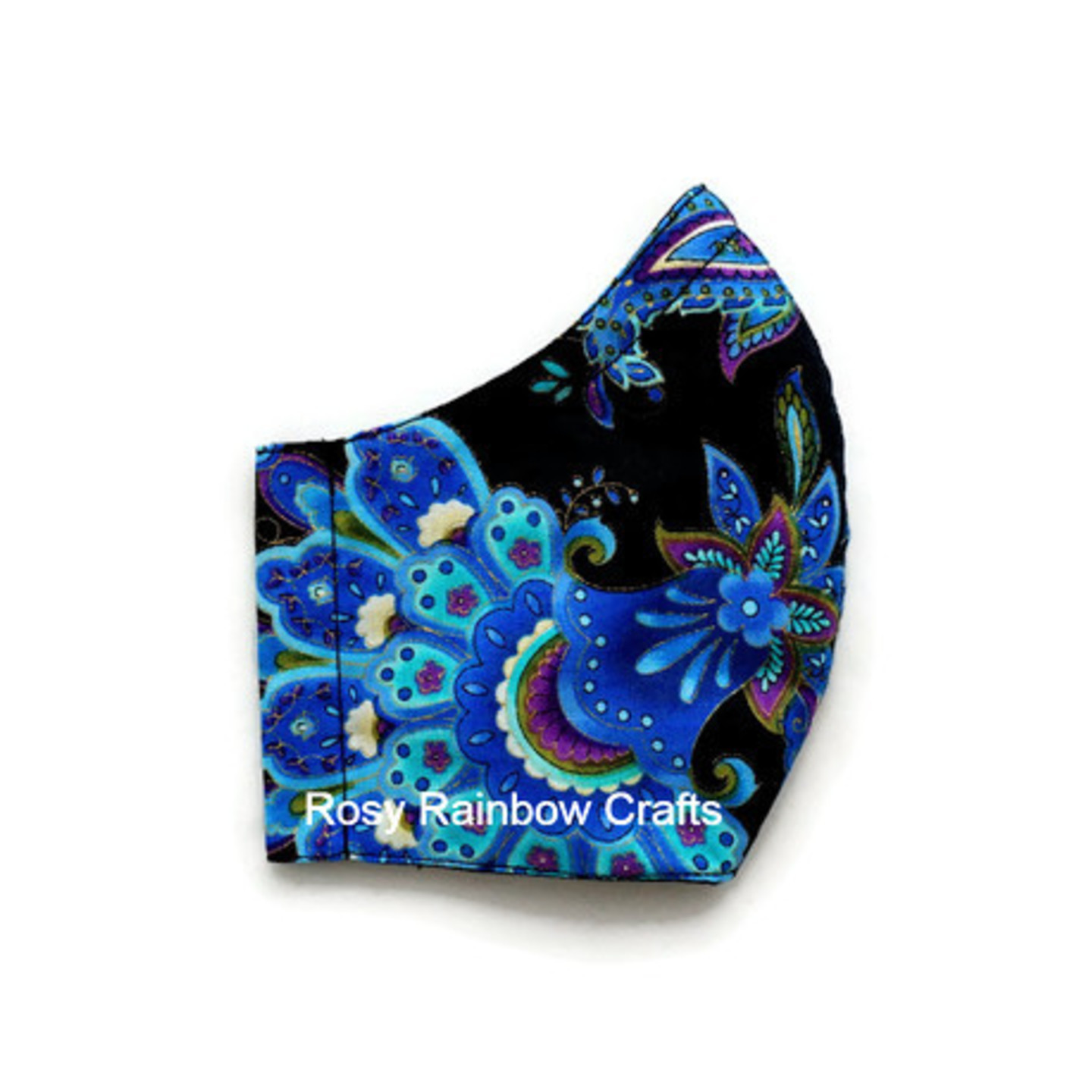 Exclusive Handmade 3D Original Masks Blue Paisley Florals In Black L - TeensWomenAdults