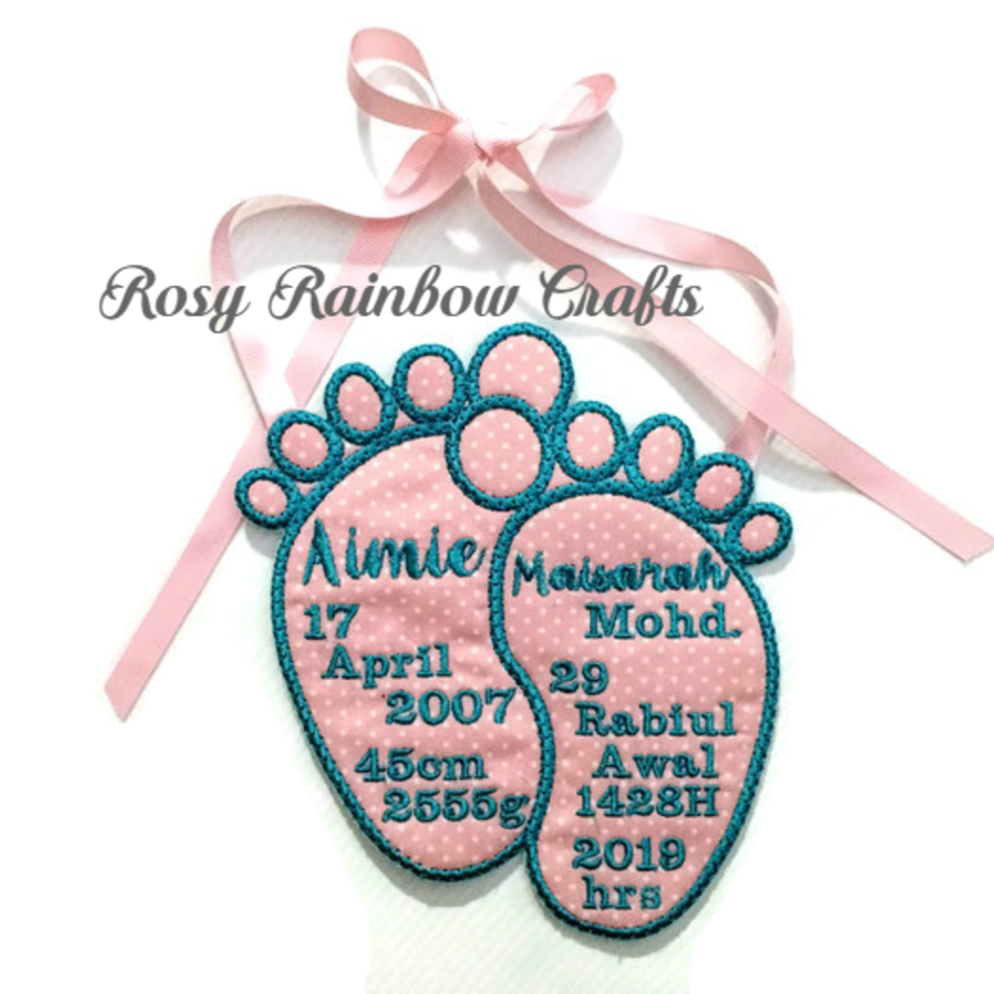 Exclusive Handmade Embroidered Customs Made To Order Baby Announcement Foot Prints