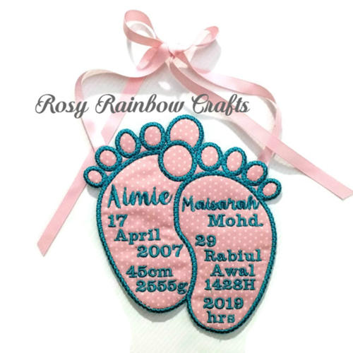 Exclusive Handmade Embroidered Customs Made To Order Baby Announcement Foot Prints
