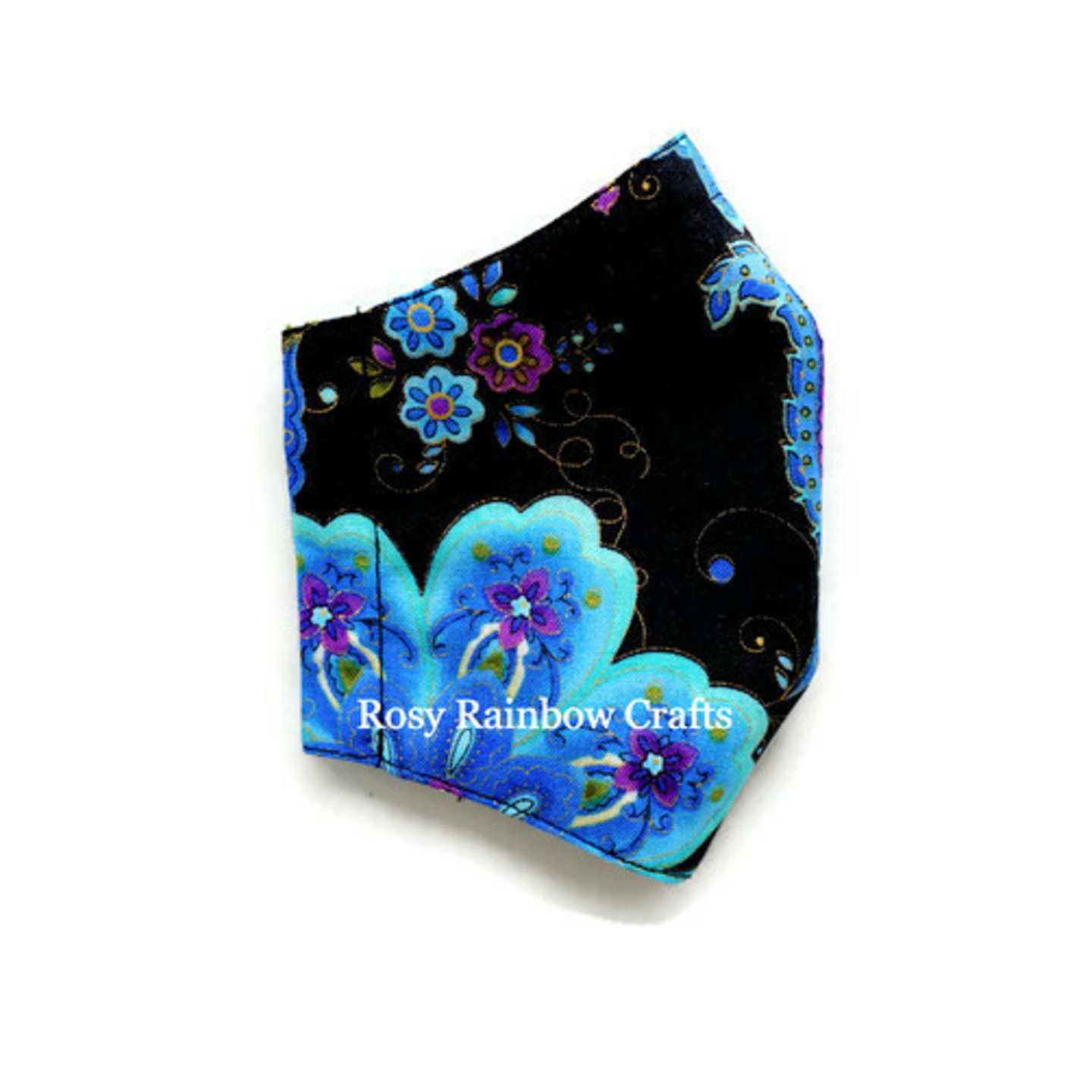 Exclusive Handmade 3D Seamless Masks Blue Paisley Florals In Black Medium 8-12 years old