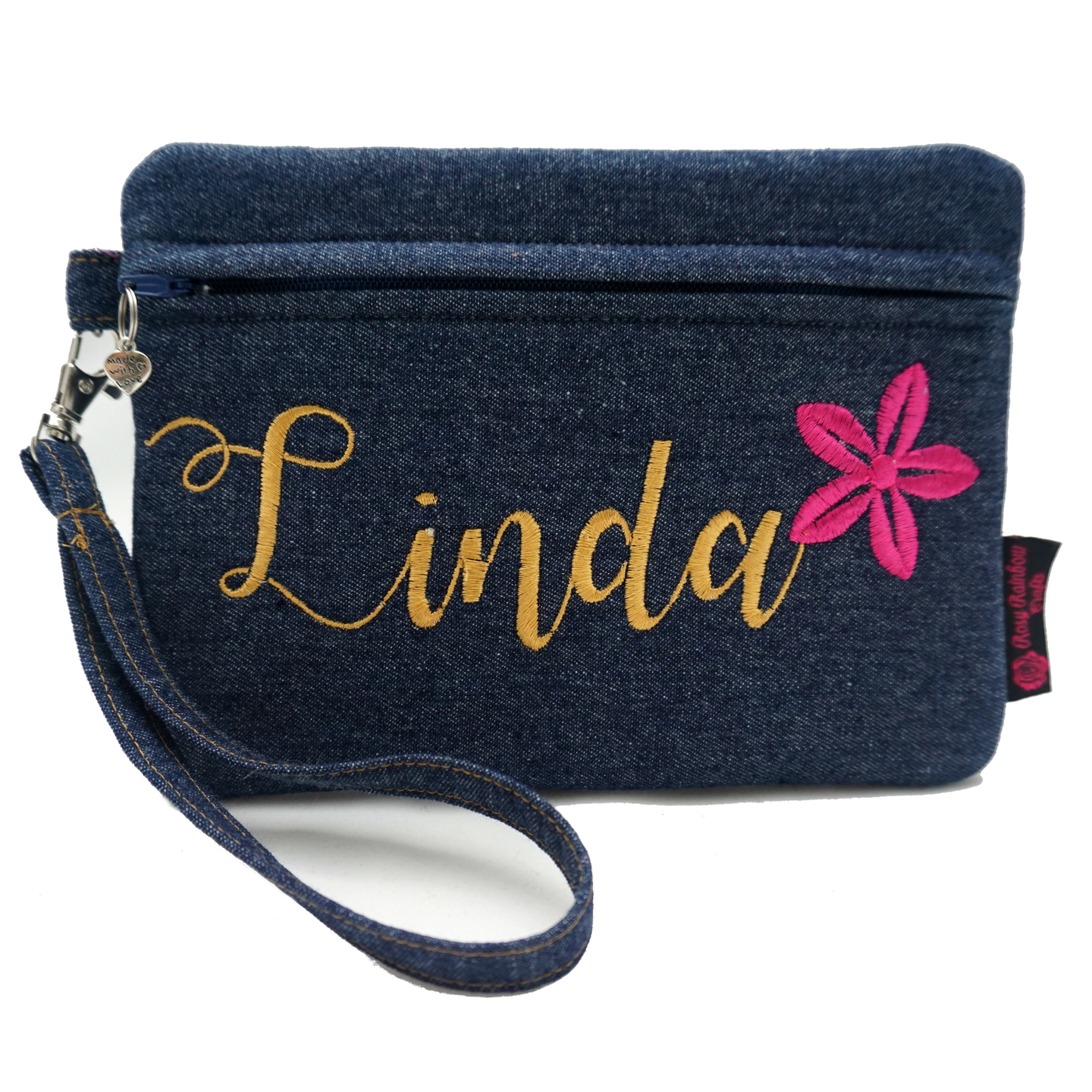 Exclusive Customs Made To Order Embroidered Zippered Pouch  Case In Denim Large.