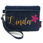 Exclusive Customs Made To Order Embroidered Zippered Pouch Case In Denim Large.