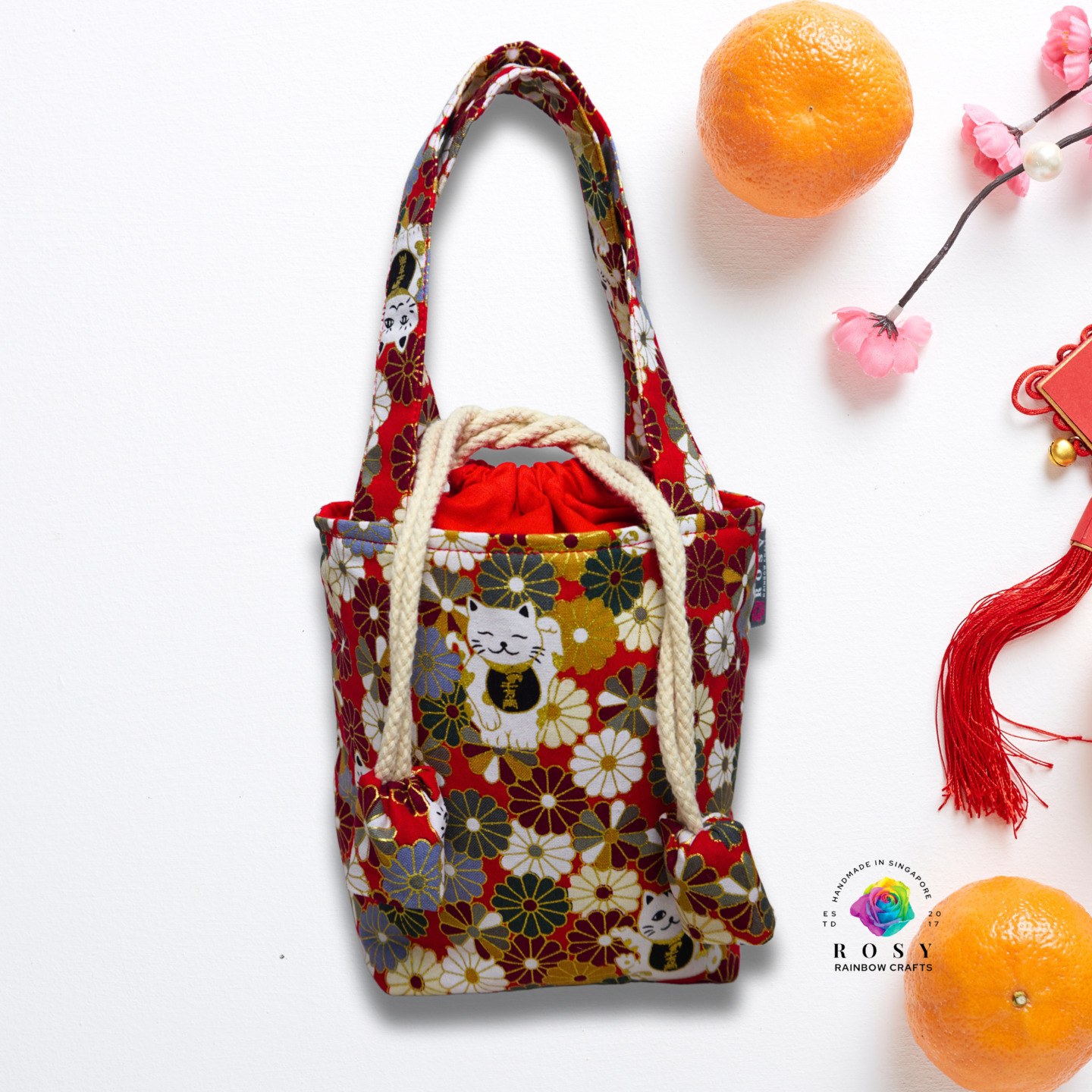 Mini Tote Drawstrings Bag Lucky Cat Sakura Red