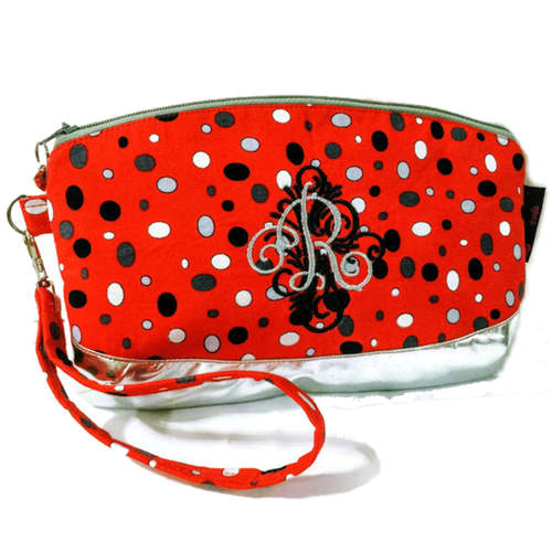 Exclusive Handmade Embroidered Customs Made To Order Clematis in Festive Red Dots With YKK Metal Zipper.
