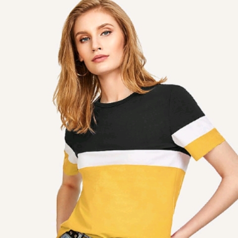 Women's Black White Mustard Color Block Hosiery Tee